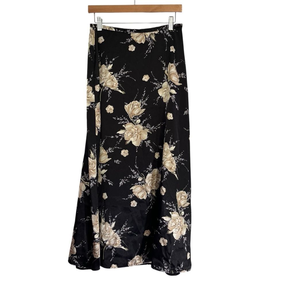 Vintage Kathie Lee Womens Silky Black Dark Floral A-Line Midi Maxi Skirt M - Picture 2 of 7